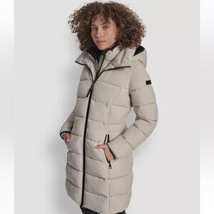 DKNY Women's Bibbed Hooded Zip-Front Puffer Coat- color vapor